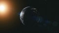 Rotate planet earth zoom in sun beam illuminate