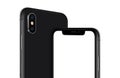 Rotated black smartphone similar to iPhone X mockup front and back sides cropped