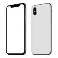 New white smartphone mockup similar to iPhone X front and back sides CW rotated isolated on white background