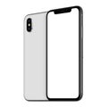 White rotated smartphones mockup similar to iPhone X front and back sides one behind the other isolated on white background