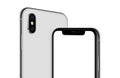 Rotated white smartphone mockup similar to iPhone X front and back sides cropped