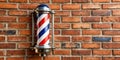 Rotating barber pole mounted on a brick wall Creative AI Royalty Free Stock Photo