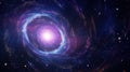 Rotating Black Hole in cosmos in background of shining stars, in indigo purple colors. Big Bang. Spiral galaxy. Ideal