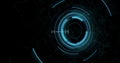 Rotating blue digital interface with binary code and circular patterns, futuristic image Royalty Free Stock Photo