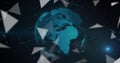 Rotating blue Earth globe in dark network with lines, triangular shapes, padlock and cloud icons Royalty Free Stock Photo