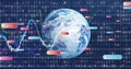 Rotating blue Earth globe floating in virtual data space, with binary code, numeric tags and charts Royalty Free Stock Photo