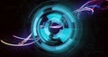 Rotating circular shapes and neon lights image over dark background