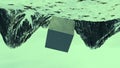 Rotating cube on background of mountains. Design. Mysterious animation of metal cube rotating on background of mountains