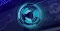 Rotating cyan digital interface glowing over control-panel, with concentric rings and line graphs Royalty Free Stock Photo