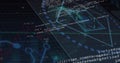 Rotating cyan wireframe 3D shape over data grid, with colorful graphs, code snippets, green glows Royalty Free Stock Photo