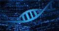 Rotating 3D blue DNA double helix twisting diagonally across navy data plane, showing code HUD Royalty Free Stock Photo