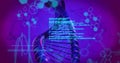 Rotating 3D DNA double helix in digital environment, with code overlay, hexagons, waveform graphic Royalty Free Stock Photo