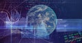 Rotating 3D Earth globe displaying market data in virtual dashboard, line graphs and binary streams Royalty Free Stock Photo