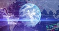Rotating 3D Earth globe streaming binary code and line bar charts in dashboard with map outlines Royalty Free Stock Photo