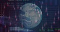Rotating 3D globe of Earth on dashboard, projecting binary digits, stock tickers and code panels Royalty Free Stock Photo