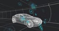 Rotating 3D wireframe car model displaying in grid tunnel, with floating hexagonal tech icons Royalty Free Stock Photo