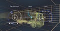 Rotating 3D wireframe truck model in grid workspace, with HUD overlays and destination indicator Royalty Free Stock Photo