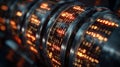 Rotating digital code cylinders with glowing numbers in futuristic machine Royalty Free Stock Photo