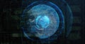 Rotating digital globe displaying concentric data rings in analytics dashboard, with UI code panels Royalty Free Stock Photo