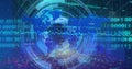 Rotating digital globe projecting data overlays in holographic UI, with scanning rings and markers Royalty Free Stock Photo