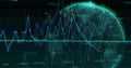 Rotating digital globe visualizing data on dashboard, with charts, graphs and labels, copy space Royalty Free Stock Photo