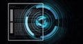 Rotating digital interface with coding and data processing image over dark background Royalty Free Stock Photo