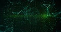 Rotating dotted Earth globe in green data space, with glowing nodes, binary code and thin lines Royalty Free Stock Photo