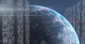 Rotating Earth globe floating in futuristic data interface with translucent binary code panels Royalty Free Stock Photo
