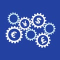 Rotating gears with currency symbols inside on blue background