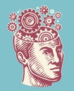 Rotating gears in head. Thinking brain, brainstorming, thoughts concept. Mind vector illustration Royalty Free Stock Photo