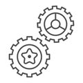 Rotating gears thin line icon, technology concept, Cogwheel gear mechanism sign on white background, two gear wheels Royalty Free Stock Photo