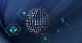 Rotating globe of binary code with hexagonal icons, digital data processing image