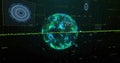 Rotating glowing digital sphere with mesh particles in data interface, numeric labels and waveform Royalty Free Stock Photo
