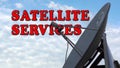 Rotating satellite dish, parabola, blue sky with clouds, text Sattelie services