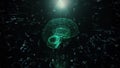 A rotating hologram of the brain. Abstract geometric background with moving lines, dots and triangles. Science anatomy