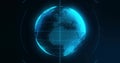 Rotating holographic globe displaying point cloud, grid lines in data space, data rings orbiting Royalty Free Stock Photo