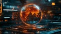 A rotating holographic globe showcases live global search queries and information access