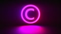 Rotating neon copyright sign on a dark background, computer generated digital symbol. 3d rendering of copyright