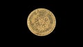 Rotating obverse of Morocco coin 10 francs, 1371 1952. Isolated in black background.