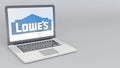 Rotating opening and closing laptop with Lowe`s logo. Computer technology conceptual editorial 4K clip