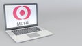 Rotating opening and closing laptop with MUFG logo. Computer technology conceptual editorial 4K clip