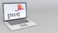 Rotating opening and closing laptop with PricewaterhouseCoopers PwC logo. Computer technology conceptual editorial 4K