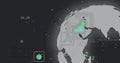 Rotating partial dot globe on interface, with floating green data icons, overlays and particle dots Royalty Free Stock Photo