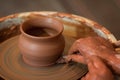 Rotating potter`s wheel and clay ware on it taken from above. A sculpts his hands with a clay cup on a potter`s wheel. Royalty Free Stock Photo