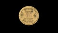 Rotating reverse of Morocco coin 10 francs, 1371 1952. Isolated in black background.