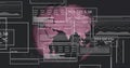 Rotating stylized pink world globe on dashboard, with white UI panels displaying numeric data grids Royalty Free Stock Photo