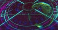 Rotating three-dimensional data globe in grid interface, with neon rings and labels, copy space Royalty Free Stock Photo