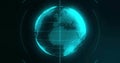 Rotating turquoise globe showing axis line, grid overlays and orbit lines in data interface Royalty Free Stock Photo