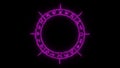 Rotating white outline occult circle with mystical symbols with burning violet glow in seamless loop