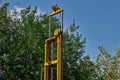 Rotating the winch of the drilling device Work on drilling wells. Drilling rig engineers geologists on a large car